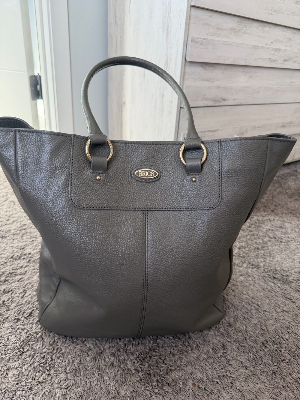 Bric's Gray Pebbled Leather Tote with Gold Accents